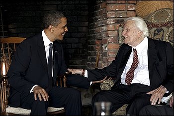 In this image released by the White House, President Barack Obama meets with Billy Graham, 91, at his mountainside home in Montreat, N.C., Sunday, April 25, 2010. Obama concluded his North Carolina vacation with his first meeting of the ailing evangelist, who has counseled commanders in chief since Dwight Eisenhower. (AP Photo/The White House, Pete Souza)